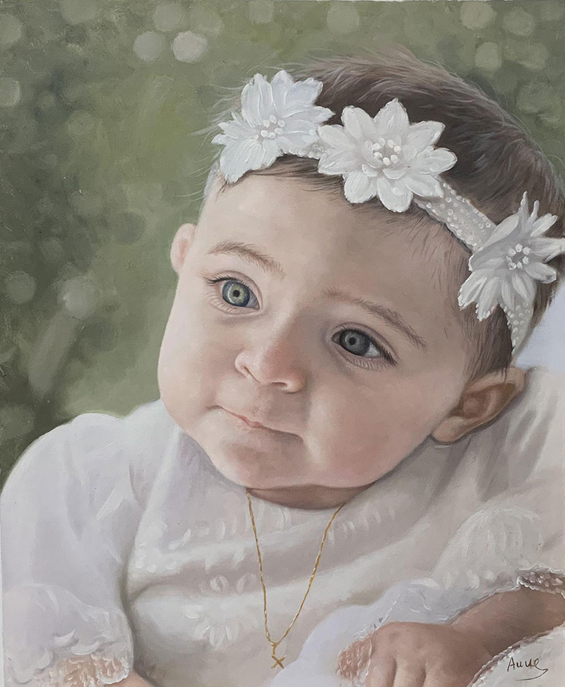 Gorgeous oil artwork of a baby with a headband 