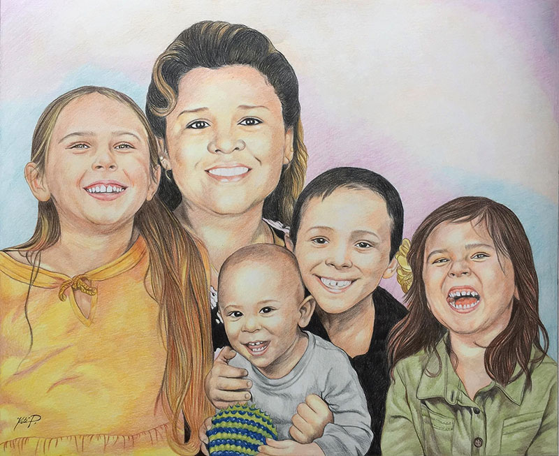 Gorgeous color pencil painting of a happy family