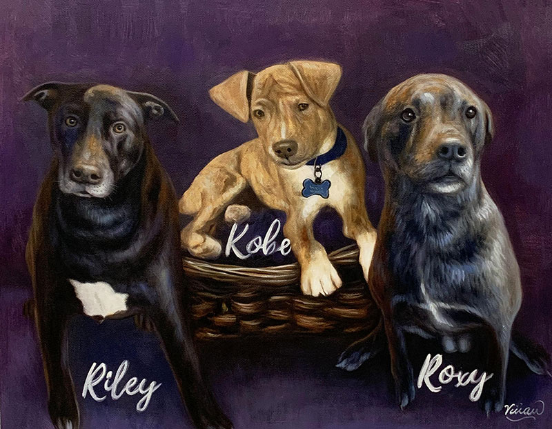 Painting of three dogs, Riley, Kobe, and Roxy.