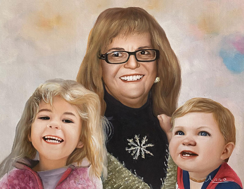 Painted portrait of a grandmother with a young girl and boy.