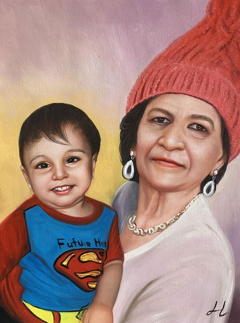 Painting of a woman in a pink hat and a toddler wearing a Superman shirt.