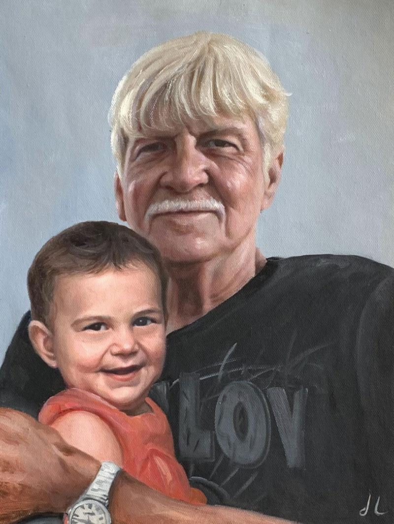 Painting of an older man with blond hair and a mustache holding a toddler.