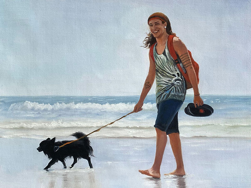 Painting of a person walking a small black dog on a beach.