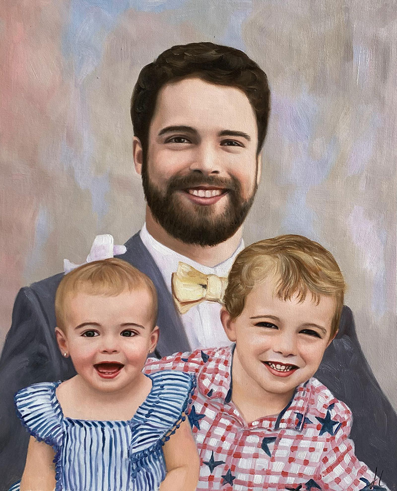 Custom handmade oil portrait of a father and children
