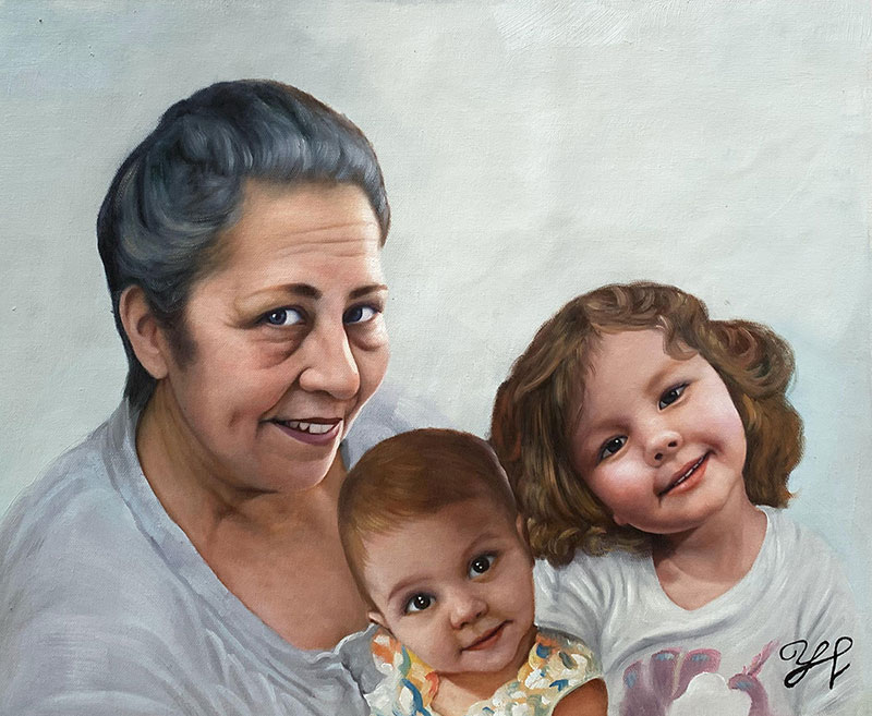 Painting of a grandmother with two young granddaughters.