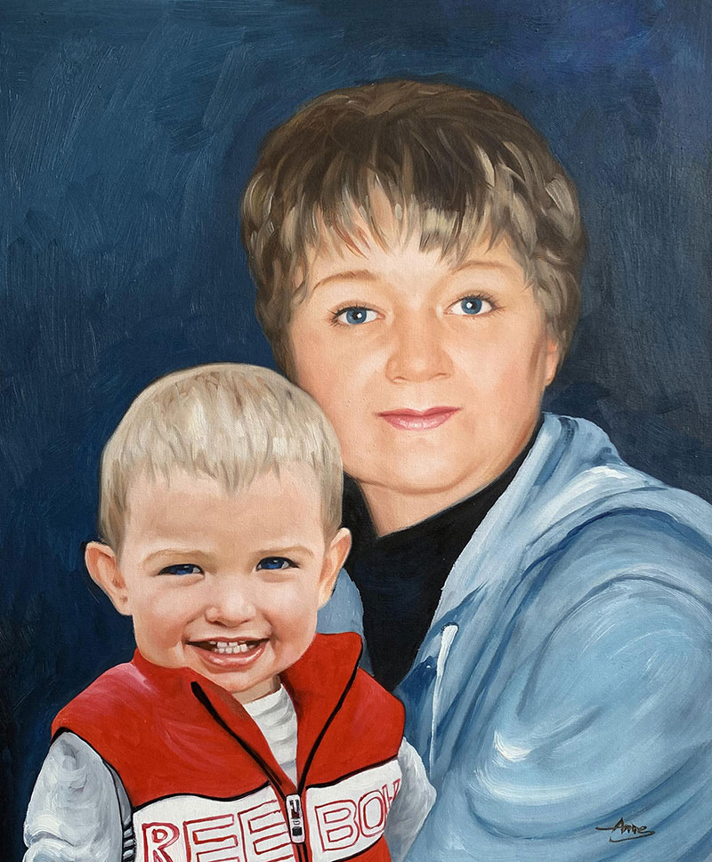 Beautiful oil portrait of a grandmother and a grandchild