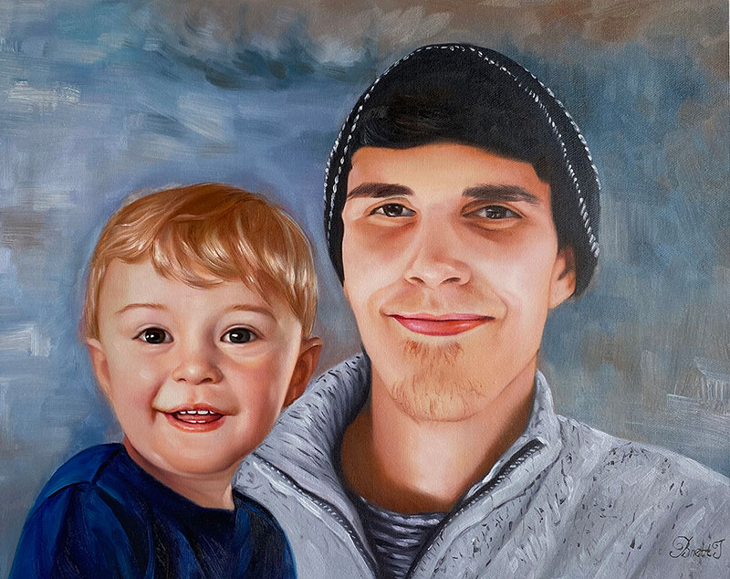Beautiful handmade oil painting of a father and son