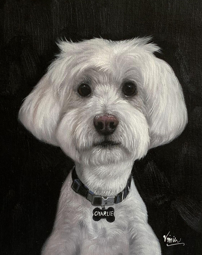 Custom close up oil painting of a dog in black and white