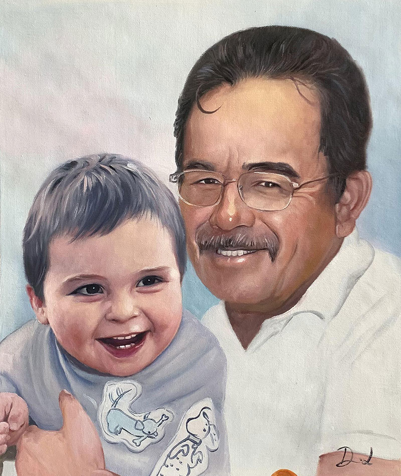 Beautiful oil portrait of a grandfather and a grandchild