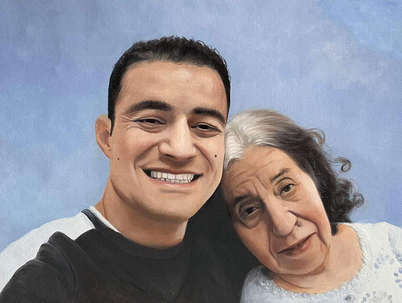Painting of a man and an older woman embracing.