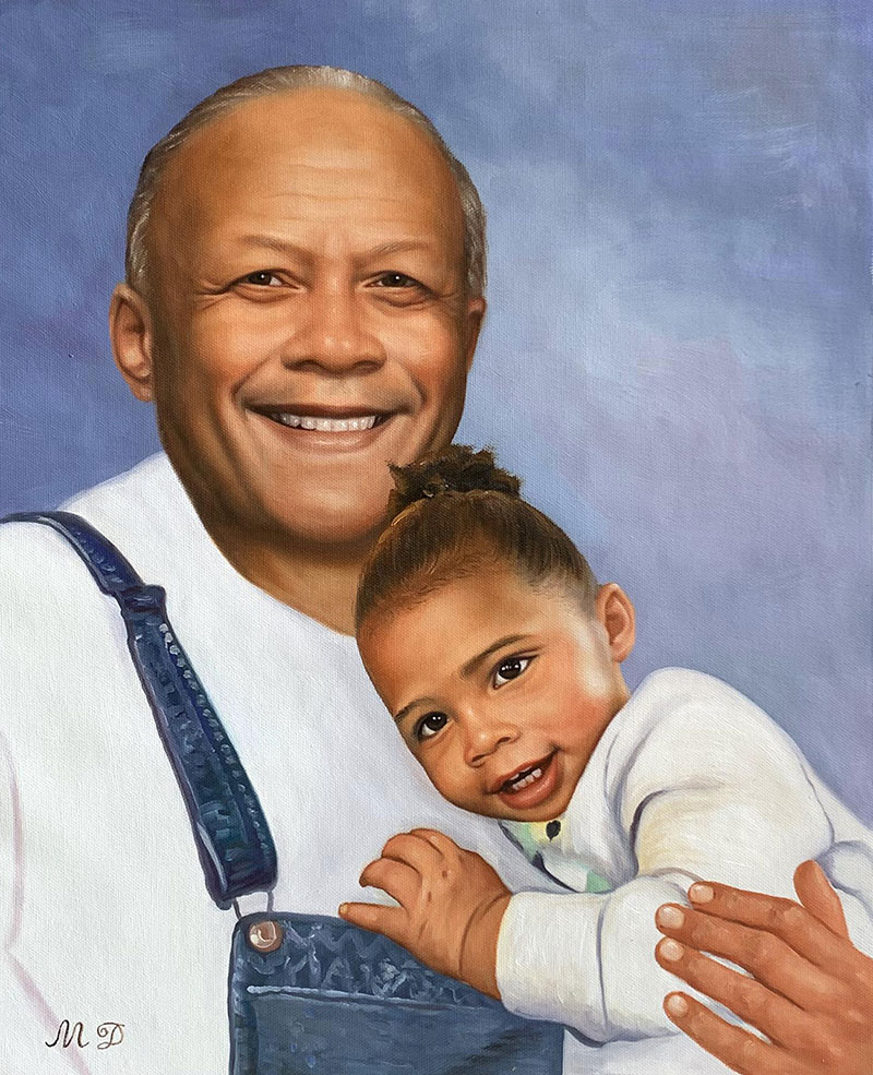 Beautiful oil portrait of a grandfather and a grandchild
