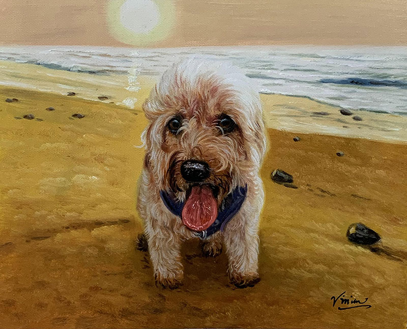 Beautiful oil painting of a dog by the beach