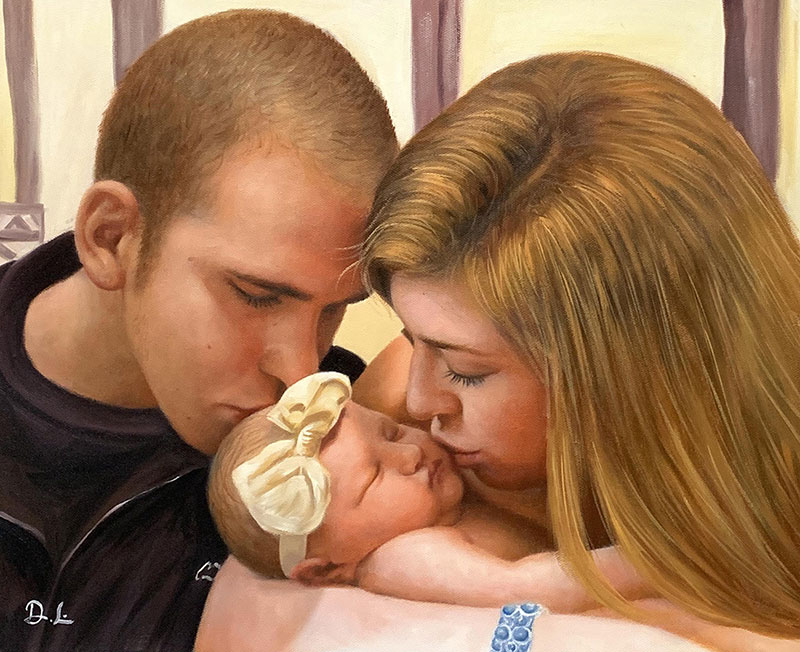 Gorgeous oil artwork of the parents kissing a baby