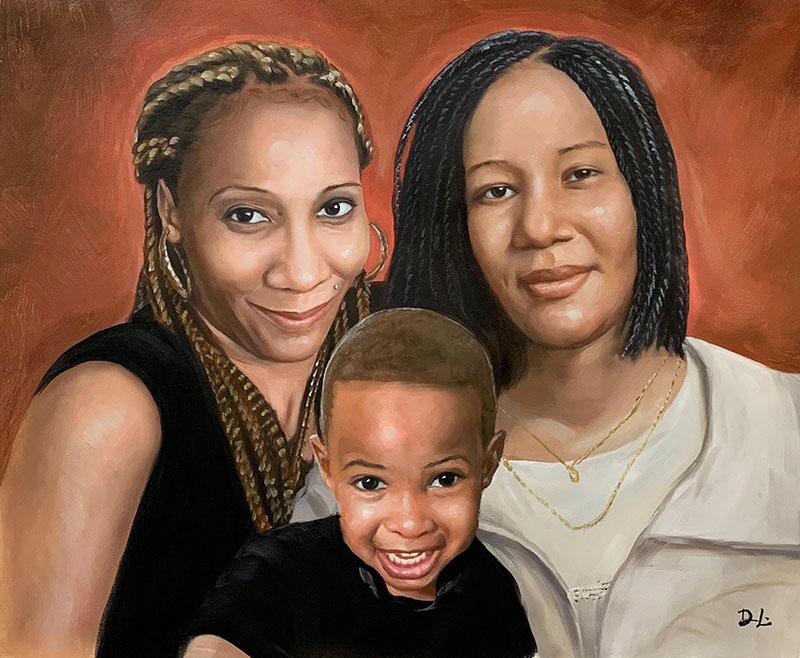 Painted portrait of two women and a young boy.
