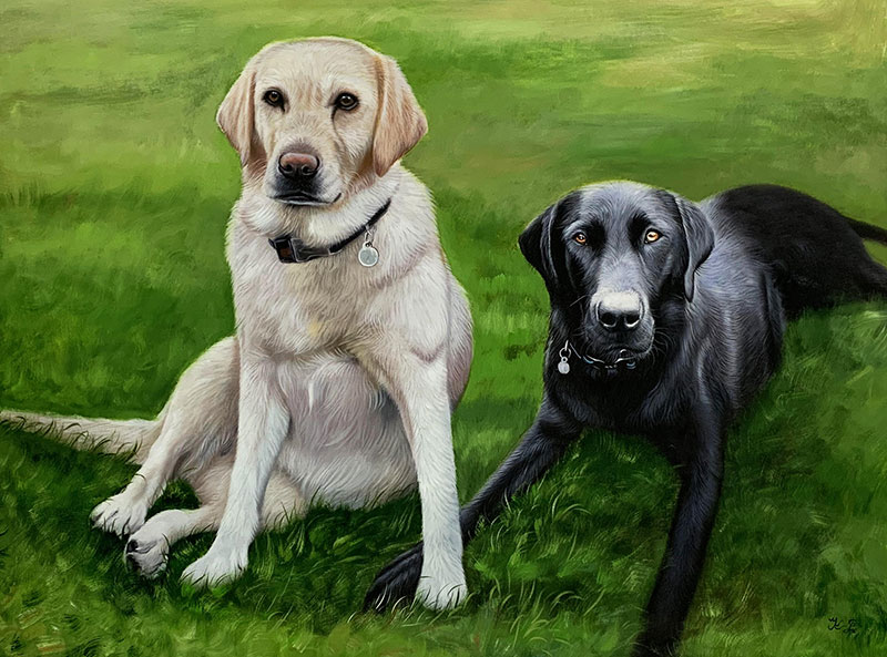 Painting of a yellow Labrador Retriever sitting and a black Labrador Retriever lying down on green grass.