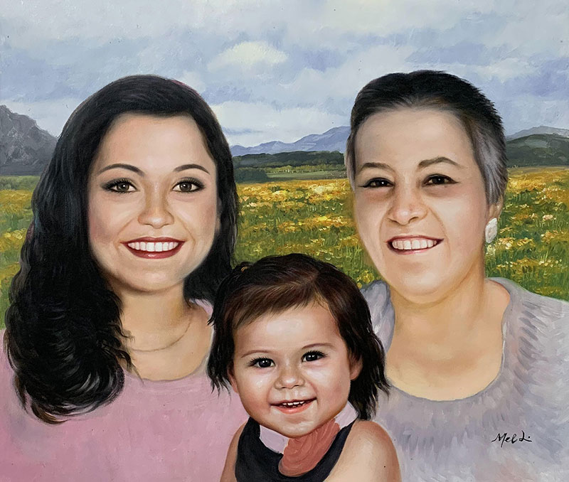 Beautiful oil painting of two women with a child