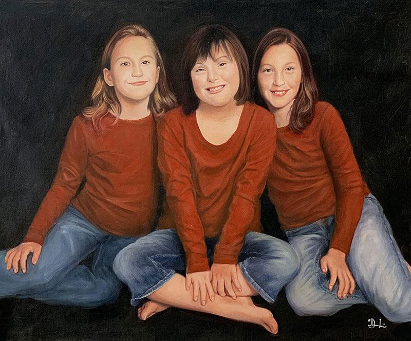 Beautiful handmade oil painting of three girls