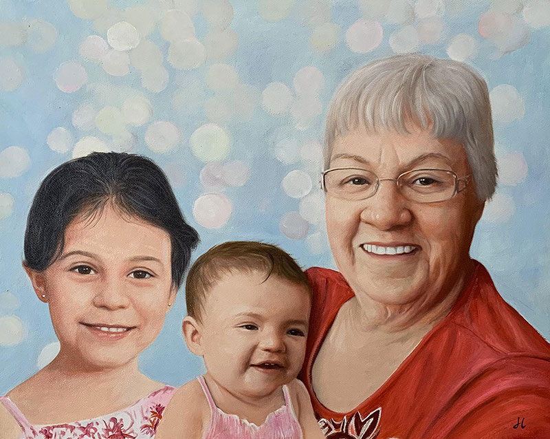 Personalized oil painting of a grandmother and grandchildren