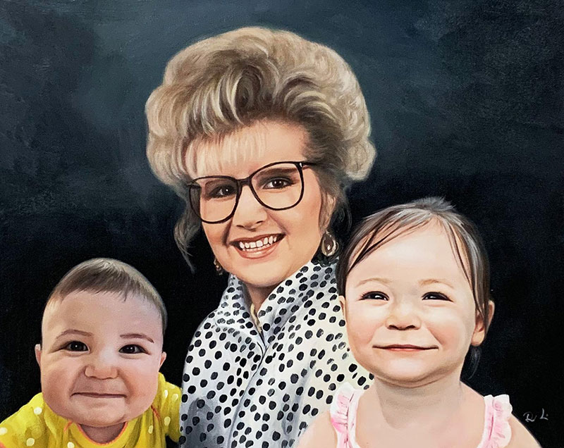 Painted portrait of a woman with two young children.