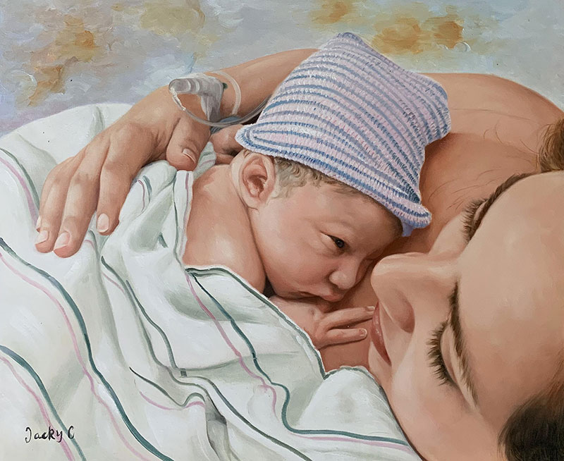 Gorgeous handmade oil painting of a mother with newborn baby