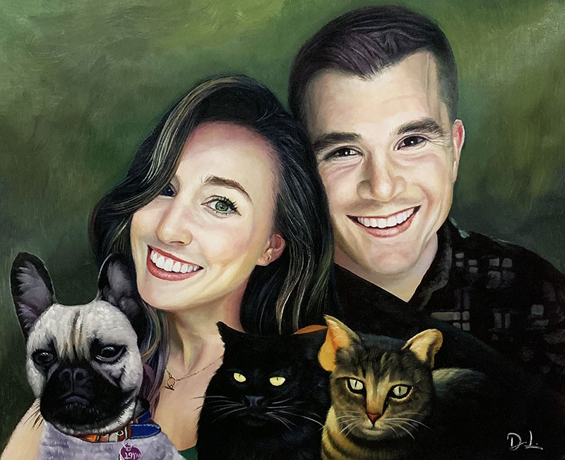 Gorgeous oil artwork of a couple with two cats and a dog