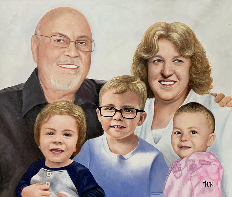 Custom oil artwork of a family with a solid background