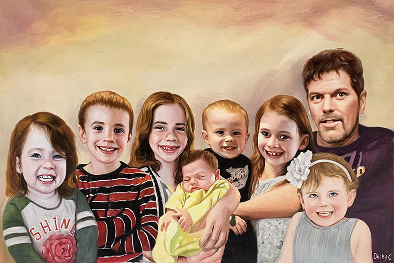 Painting of a father and his seven children.