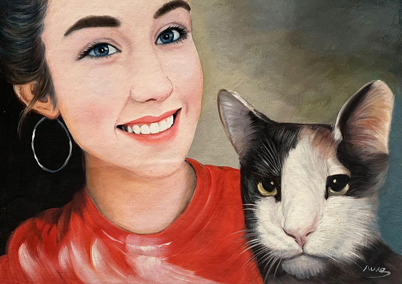 Custom oil artwork of a girl with a cat