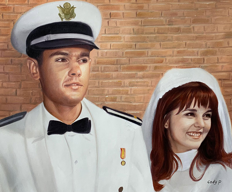 Beautiful handmade oil painting of a just married couple