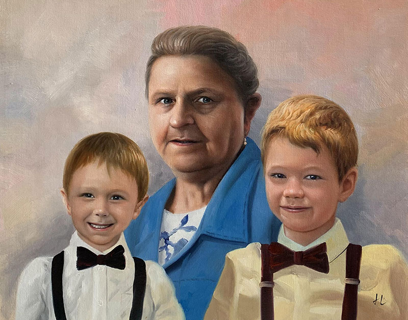 Painted portrait of a grandmother with two grandsons.
