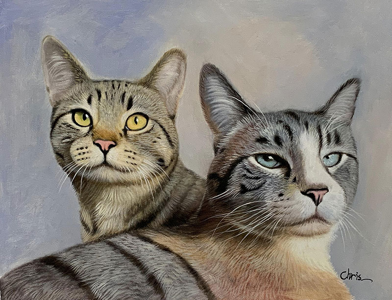 Painting of two cats, one tabby and one grey and white.