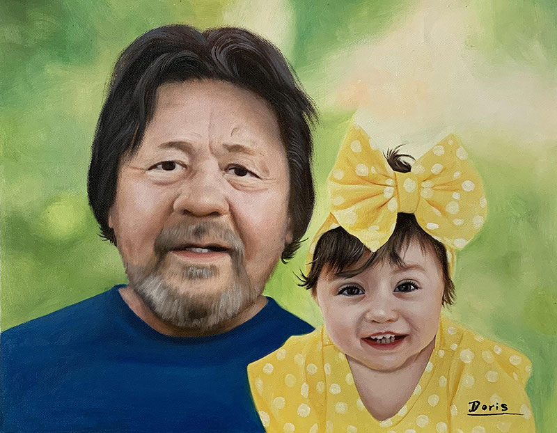 Beautiful handmade oil artwork of a man and a baby with bow