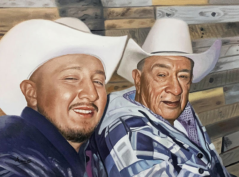 Portrait painting of two smiling men in cowboy hats.