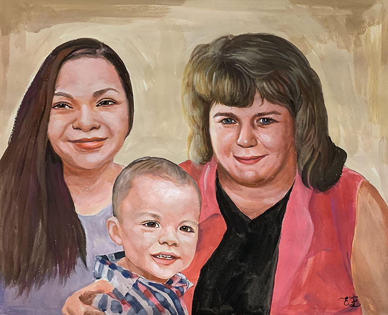 Custom handmade pastel painting of a woman with children
