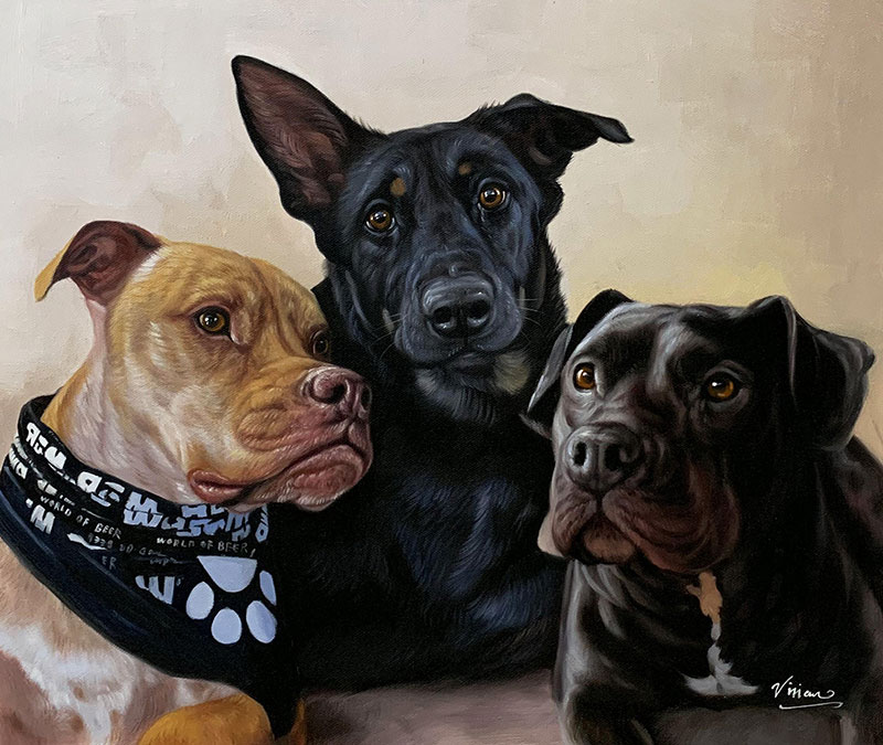 Painted portrait of three dogs, a tan and white Pit Bull wearing a bandana, a black and tan mixed breed, and a black Pit Bull.