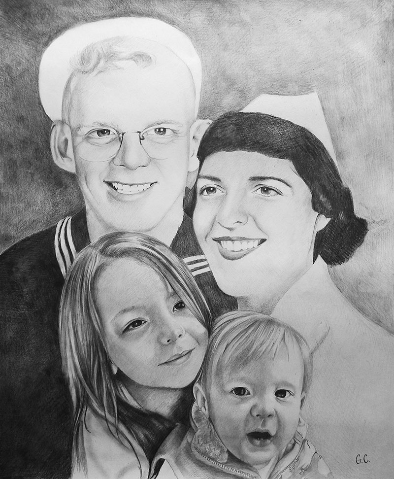 Vintage handmade black pencil painting of a family