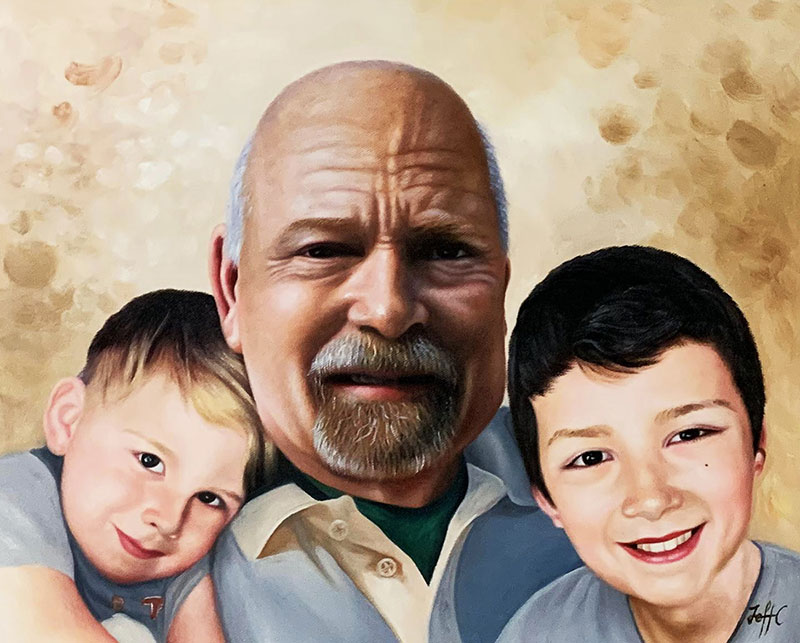 Custom oil painting of a man with two kids