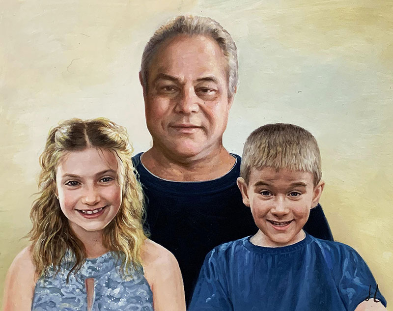 Personalized oil painting of a grandfather with grandchidren