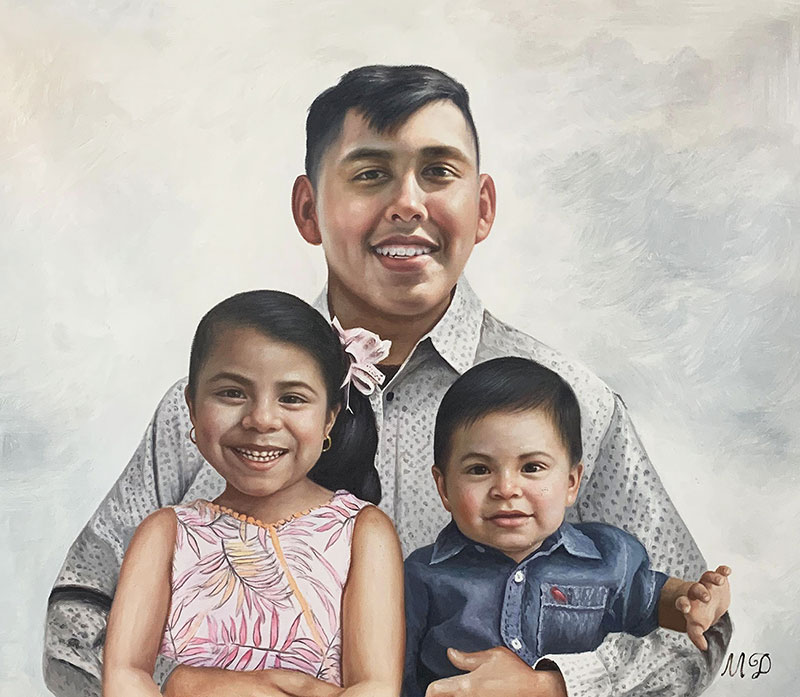 Beautiful oil painting of a father with two children