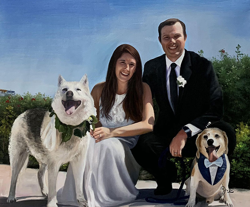 Beautiful oil painting of a just married couple with two pet
