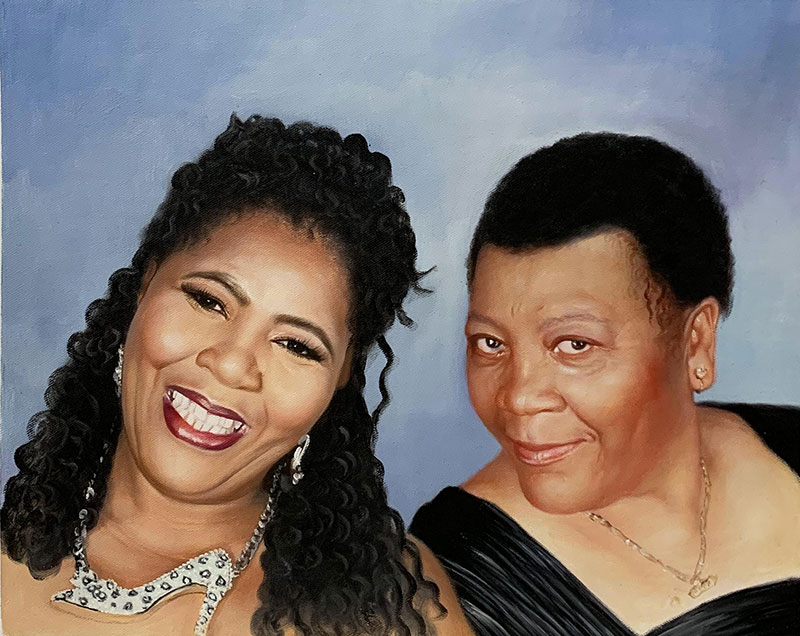 Painted portrait of two Black women, one younger with curly hair and a necklace, the other older with short hair.