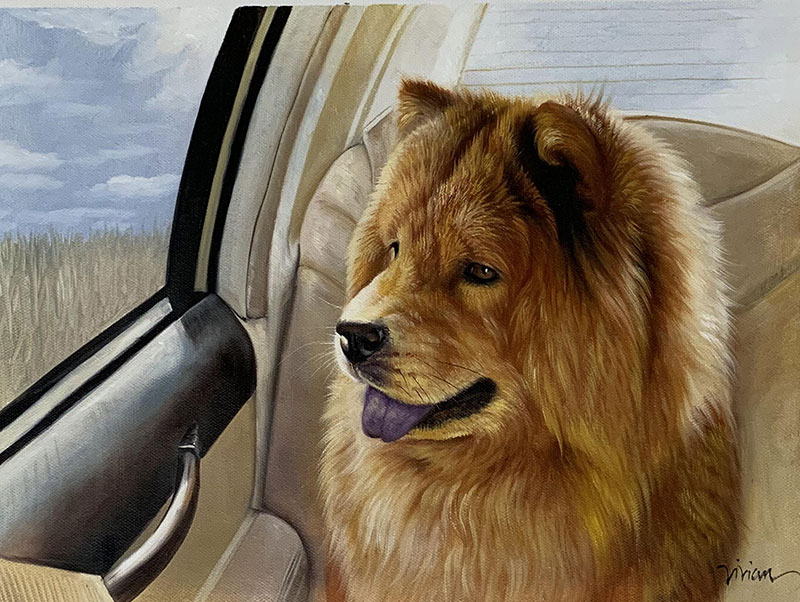 Custom oil artwork of a fluffy dog in a car
