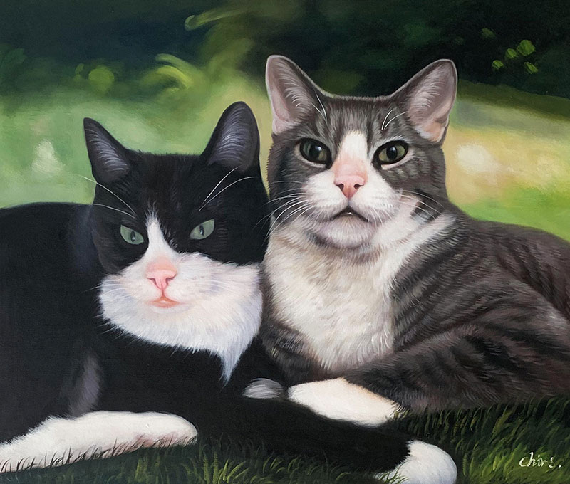 Painting of two cats lying together outdoors