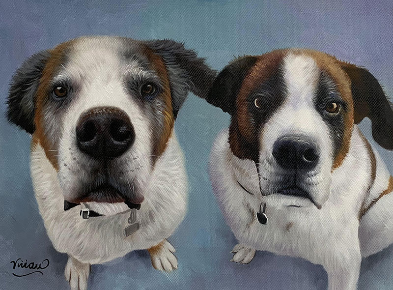 Painting of two Saint Bernard dogs looking up at the camera.