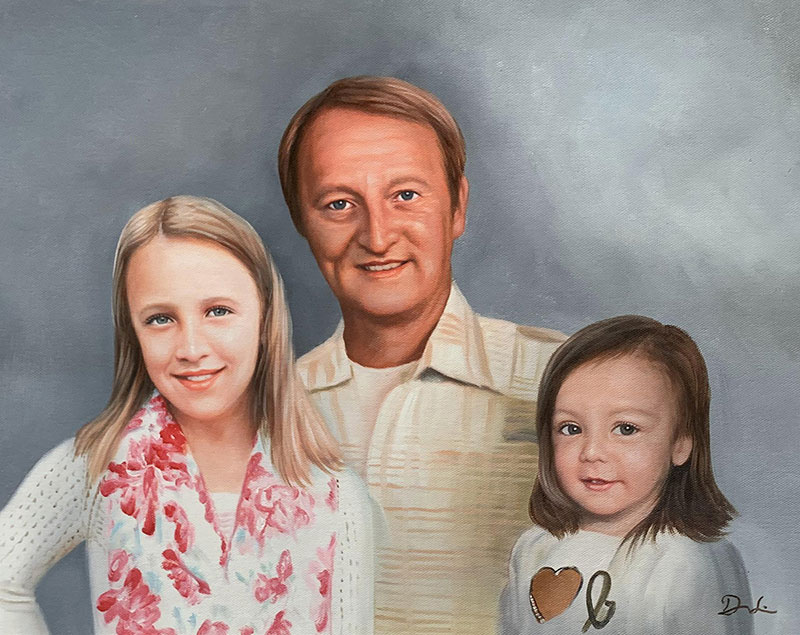 Painted portrait of a man with two young girls.