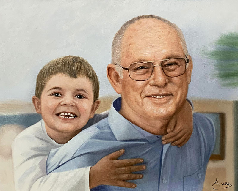 Beautiful oil painting of a grandfather and a grandson