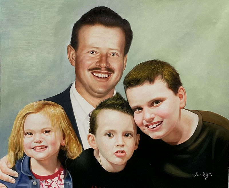 Custom oil portrait of a man with three kids