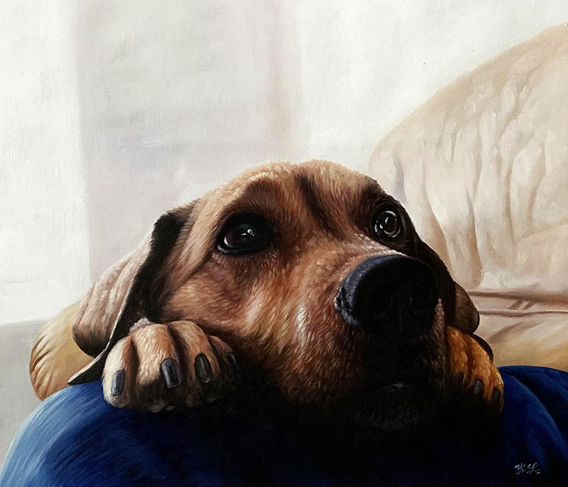 Painting of a brown dog resting its head on a blue surface.