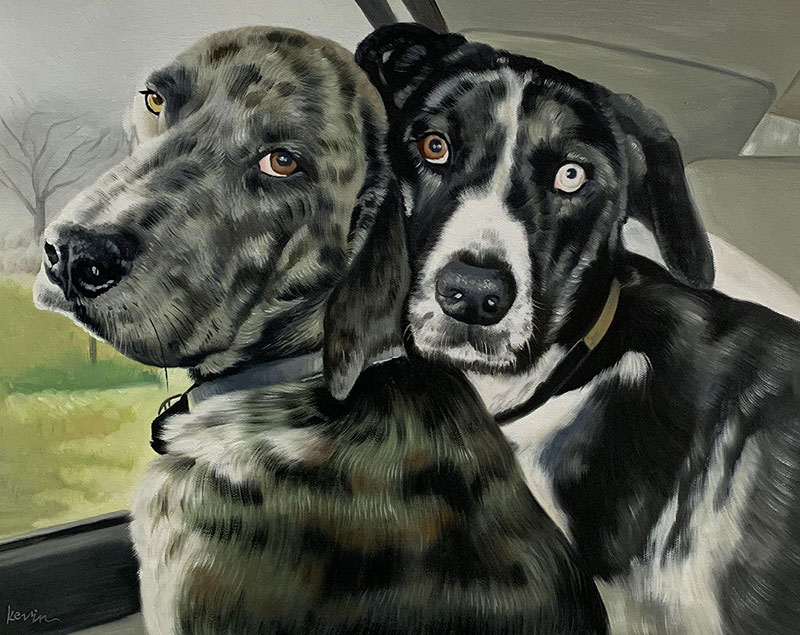 Painting of two dogs sitting in a car.