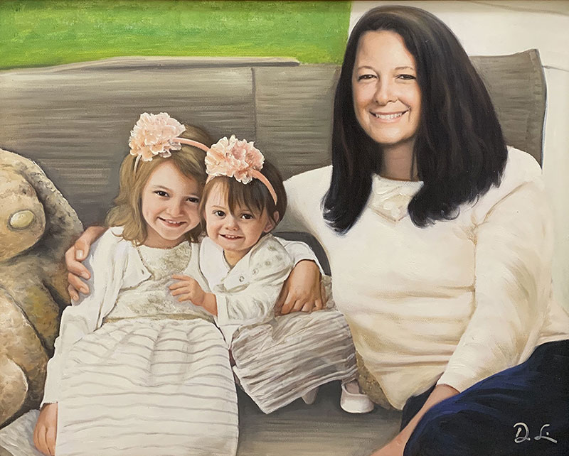 Beautiful handmade oil artwork of mother with two daughters